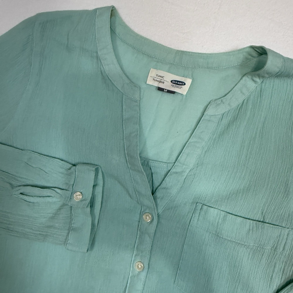 Old Navy Tunic Top Medium Aqua Blue 100% Cotton Gauze Popover Long Sleeve